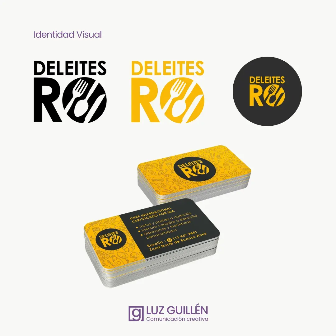 Isologotipo de Deleites Ro en sus versiones y tarjetas personales