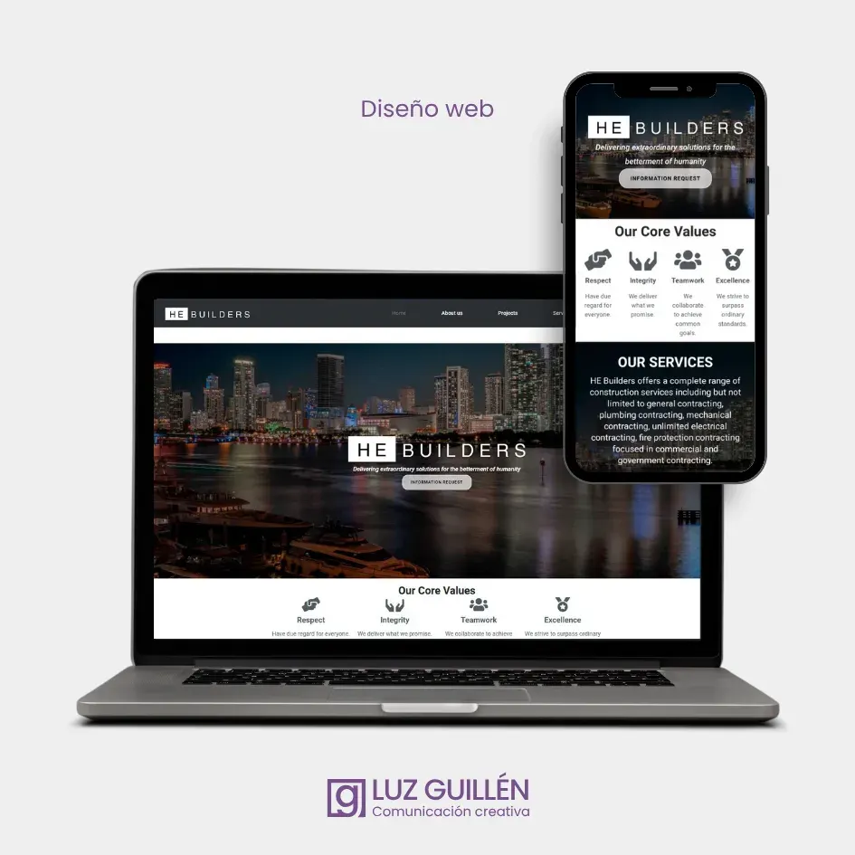 Sitio web de HE-Builders visto en laptop y celular