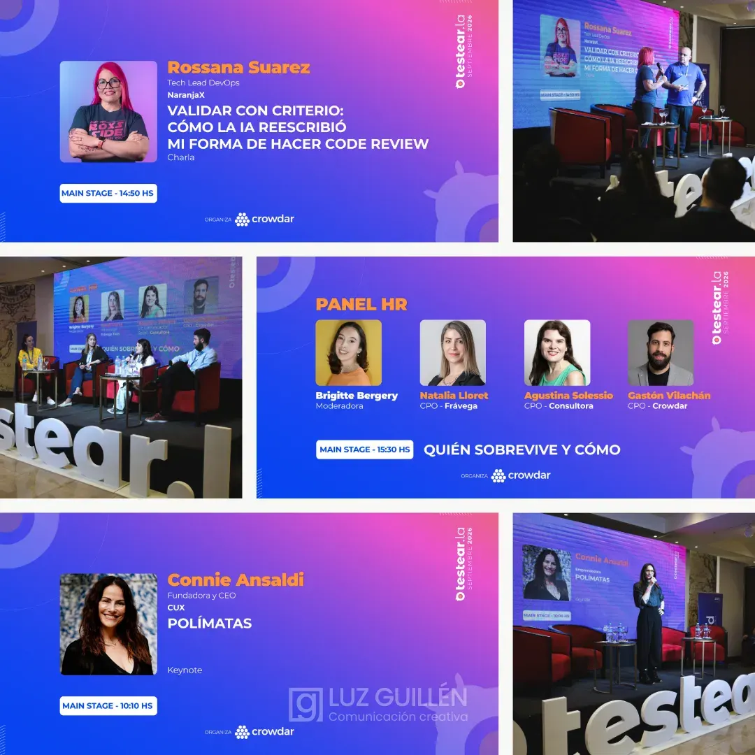 Piezas de speakers y pantallas del evento Testear.la