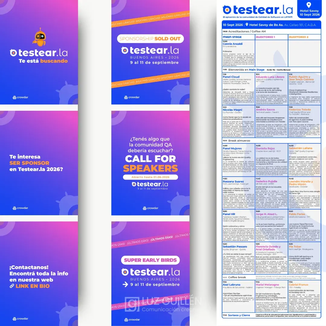 Publicaciones para redes sociales y agenda del evento Testear.la