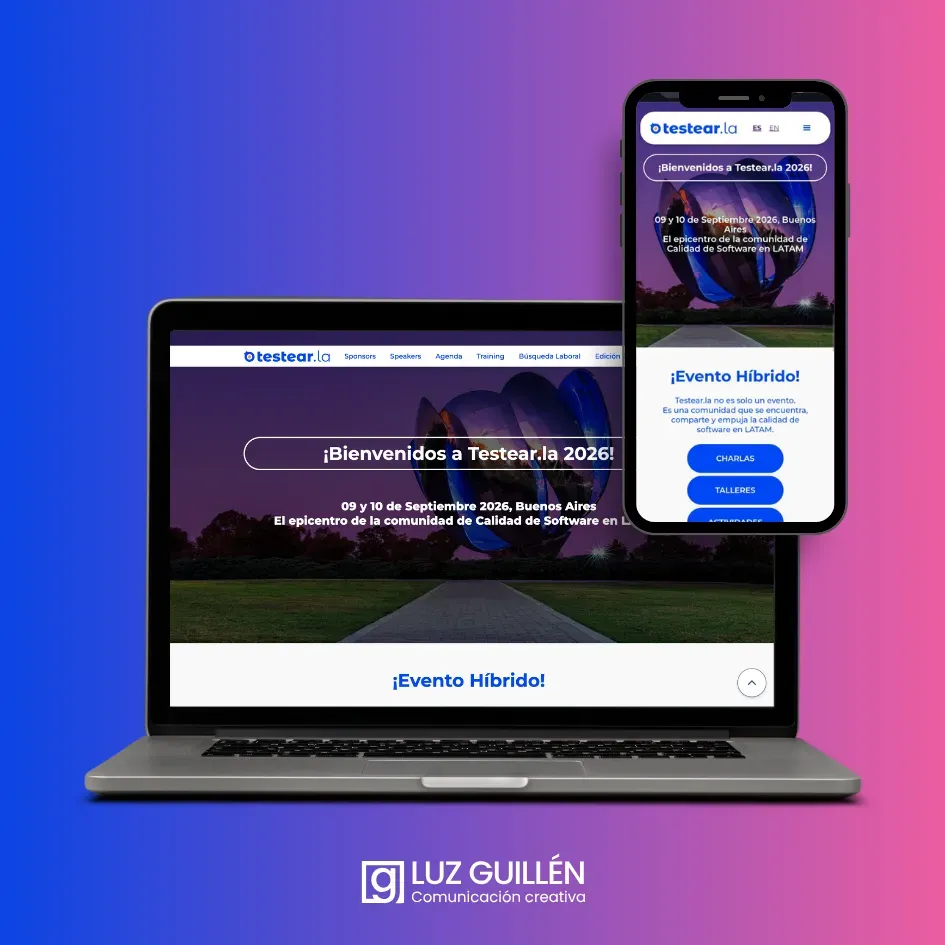 Sitio web de Testear.la diseñado por Luz Guillén, en laptop y celular